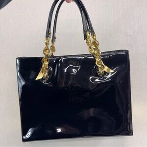 PH 39 Italia Patent Leather Tote Bag Black Gold Chain Handles Shoulder Bag Y2K